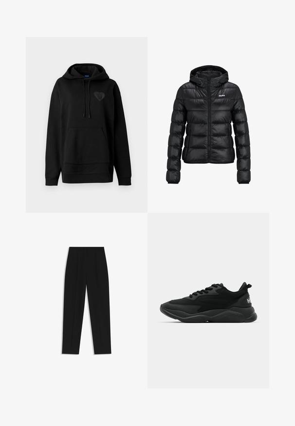 Black padded jacket with a zip closure and hood. Features a quilted design and the "HUGO" logo on the chest. Made from shiny material.; Black hoodie made of soft fabric, featuring a kangaroo pocket, drawstrings, and a glossy heart logo on the chest. Simple, relaxed fit.; Black short-sleeve t-shirt made of cotton, featuring a large blue rectangular graphic with the word "HUGO" in white bold letters.; Black trousers with a straight fit, featuring double pleats, a smooth texture, and a classic waistband design. No visible hardware or accents.; Black athletic sneakers featuring a textured upper, lace closure, cushioned sole, and a branded accent on the heel.