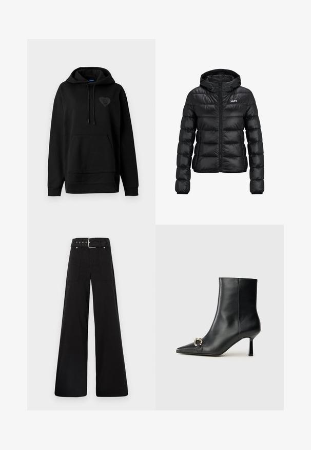 Jachetă neagră căptușită cu fermoar și glugă. Prezentând un design matlasat și logo-ul "HUGO" pe piept. Fabricată din material lucios.; Hanorac negru dintr-un material moale, cu buzunar tip cangur, sireturi și un logo lucios în formă de inimă pe piept. Croială simplă, lejeră.; Pantaloni negri cu croială largă, confecționați din bumbac, cu talie înaltă, buzunare laterale mari și talie prevăzută cu brâu cu accente din metal argintiu.; Botine negre din piele, cu vârf ascuțit, toc subțire de înălțime medie și detaliu cu cataramă argintie pe lateral, pe un fundal simplu.