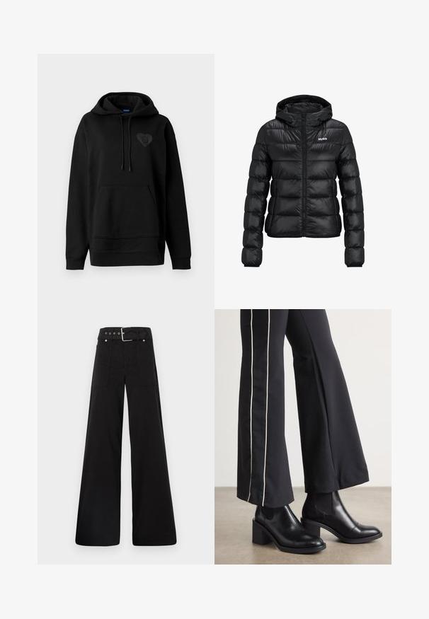 Schwarze gepolsterte Jacke mit einem Reißverschluss und Kapuze. Verfügt über ein gestepptes Design und das "HUGO"-Logo auf der Brust. Hergestellt aus glänzendem Material.; Schwarzer Hoodie aus weichem Material, ausgestattet mit einer Kängurutasche, Zugbändern und einem glänzenden Herzlogo auf der Brust. Schlicht, lockere Passform.; Schwarze weitgeschnittene Hose aus Baumwolle, mit hoher Taille, großen Seitentaschen und einem taillierten Bund mit silbernen Hardware-Akzenten.; Schwarze Lederstiefeletten mit einem Blockabsatz, ausgestattet mit elastischen seitlichen Einsätzen. Kombiniert mit schwarzen Hosen, die einen weißen Seitenstreifen haben.