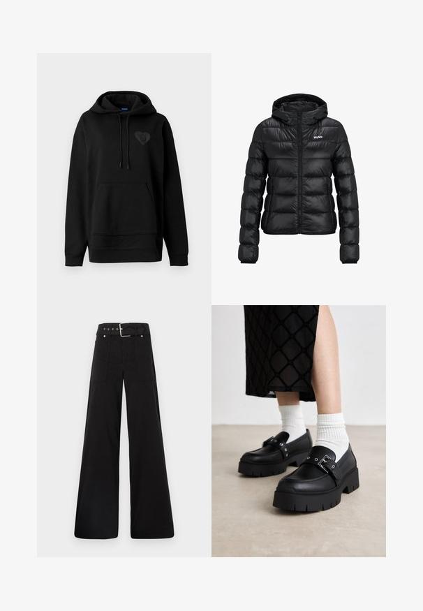 Schwarze gepolsterte Jacke mit einem Reißverschluss und Kapuze. Verfügt über ein gestepptes Design und das "HUGO"-Logo auf der Brust. Hergestellt aus glänzendem Material.; Schwarzer Hoodie aus weichem Material, ausgestattet mit einer Kängurutasche, Zugbändern und einem glänzenden Herzlogo auf der Brust. Schlicht, lockere Passform.; Schwarze weitgeschnittene Hose aus Baumwolle, mit hoher Taille, großen Seitentaschen und einem taillierten Bund mit silbernen Hardware-Akzenten.; Schwarze Plateauslurchen mit glattem Lederfinish, ausgestattet mit einer Schnallendetail und Nietenakzenten, kombiniert mit weißen gerippten Socken.