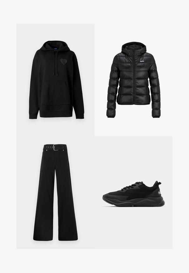 Veste rembourrée noire avec fermeture éclair et capuche. Présente un design matelassé et le logo "HUGO" sur la poitrine. Fabriquée en matériau brillant.; Hoodie noir en tissu doux, avec une poche kangourou, des cordons de serrage et un logo en forme de cœur brillant sur la poitrine. Coupe simple et décontractée.; Pantalons larges noirs en coton, avec une taille haute, de grandes poches latérales et une taille ceinturée avec des accents en métal argenté.; Baskets de sport noires avec un supérieur texturé, un système de laçage, une semelle rembourrée et un accent de marque sur le talon.