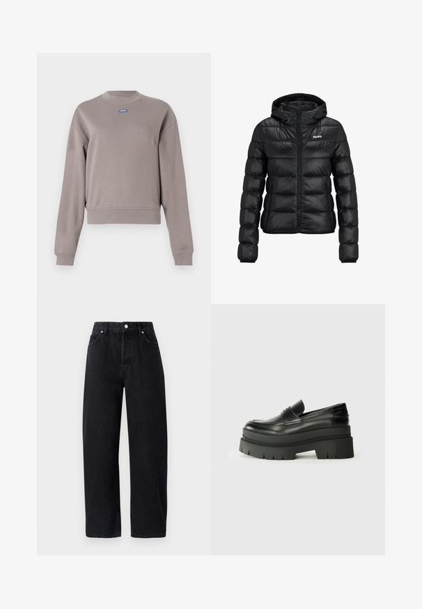 Veste rembourrée noire avec fermeture éclair et capuche. Présente un design matelassé et le logo "HUGO" sur la poitrine. Fabriquée en matériau brillant.; Sweatshirt gris court en coton mélangé doux, avec un col rond et des manches longues. Petit logo de la marque bleu sur la poitrine.; Jean en denim noir taille haute et jambe droite, avec cinq poches, rivets en métal et coutures ton sur ton. Texture lisse, design minimaliste.; Mocassins en cuir noir avec une semelle plateforme épaisse. Bout arrondi, détail de couture sur le devant et accents de surpiqûres subtils. Semelle plate et texturée.