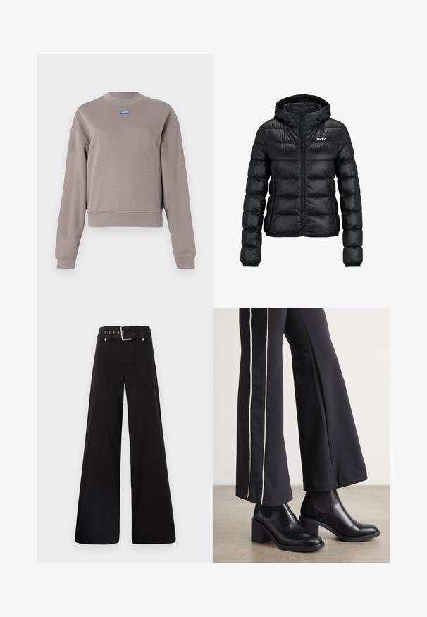 Czarna pikowana kurtka z zamkiem błyskawicznym i kapturem. Posiada wzór pikowania oraz logo "HUGO" na klatce piersiowej. Wykonana z błyszczącego materiału.; Szary, krótki sweatshirt wykonany z miękkiej bawełny z dodatkiem włókien syntetycznych, z okrągłym dekoltem i długimi rękawami. Małe niebieskie logo marki na piersi.; Czarne spodnie o szerokich nogawkach wykonane z bawełny, z wysokim stanem, dużymi bocznymi kieszeniami i paskiem w talii z akcentami w kolorze srebrnym.; Czarne skórzane botki za kostkę na słupku, z elastycznymi panelami po bokach. Połączone z czarnymi spodniami z białym paskiem po boku.