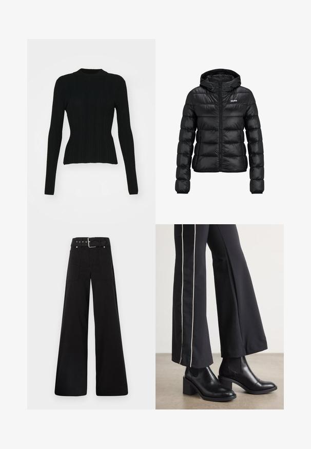 Czarna pikowana kurtka z zamkiem błyskawicznym i kapturem. Posiada wzór pikowania oraz logo "HUGO" na klatce piersiowej. Wykonana z błyszczącego materiału.; Czarny prążkowany sweter z długim rękawem, o wysokiej szyi i dopasowanej sylwetce. Materiał wydaje się elastyczny z pionowymi liniami. Krótszy krój na końcu.; Czarne spodnie o szerokich nogawkach wykonane z bawełny, z wysokim stanem, dużymi bocznymi kieszeniami i paskiem w talii z akcentami w kolorze srebrnym.; Czarne skórzane botki za kostkę na słupku, z elastycznymi panelami po bokach. Połączone z czarnymi spodniami z białym paskiem po boku.