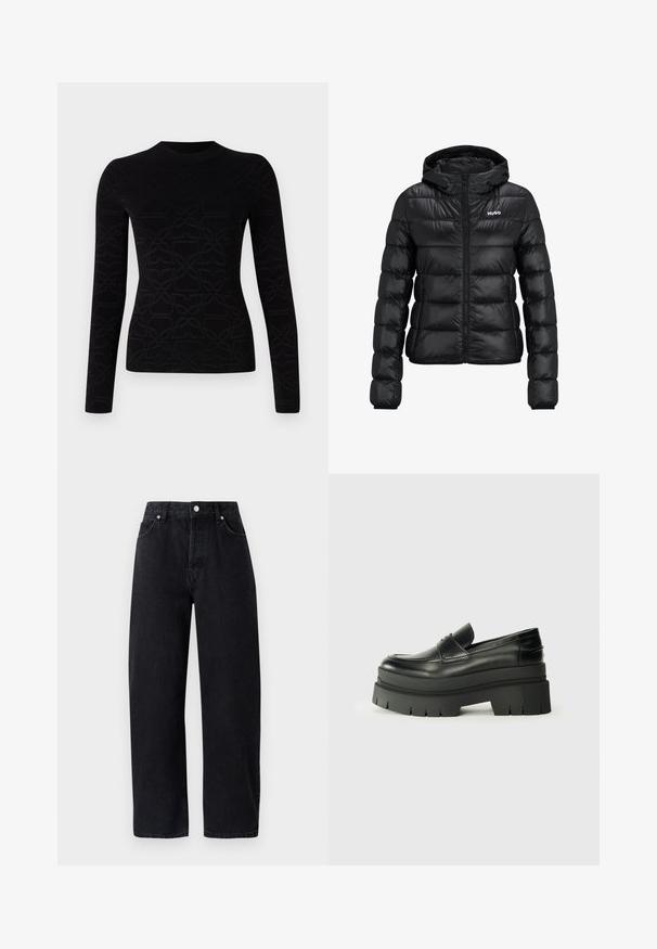 Melnā polsterētā jaka ar rāvējslēdzēju un kapuci. Iezīme ir kvalificēts dizains un "HUGO" logo uz krūškurvja. Izgatavota no spīdīga materiāla.; Melna garām piedurknēm topa izvēle ar teksturētu, atkārtotu rakstu. Izgatavots no mīkstas auduma ar apaļu dekoltē un pieguļošu siluetu.; Augsta vidukļa, taisna griezuma melnas džinsu bikses ar piecām kabatām, metāla kniedēm un toņu šuvēm. Gluda tekstūra, minimālisma dizains.; Melnas ādas loafers ar masīvu platformas zoli. Noapaļota purngala forma, priekšējā šuvju detaļa un smalki šuvju akcenti. Plakana, teksturēta zole.