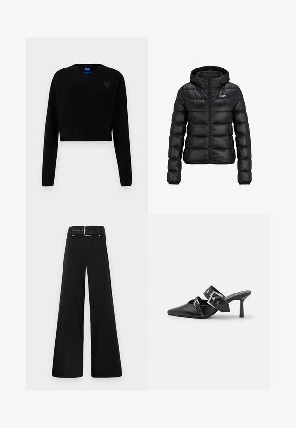 Černá podšitá bunda se zipem a kapucí. Má prošívaný design a logo "HUGO" na hrudi. Vyrobeno z lesklého materiálu.; Černý krátký svetr s výstřihem do V, žebrovaným lemem a dlouhými rukávy. Obsahuje malý texturovaný detail srdce na hrudi. Vyrobeno z měkkého materiálu.; Černé široké kalhoty vyrobené z bavlny, s vysokým pasem, velkými bočními kapsami a opaskem s kovovými akcenty v barvě stříbra.; Černé muly na vysokém podpatku s špičatou špičkou, vyrobené z hladké kůže. Mají široký pás kolem kotníku se čtvercovou stříbrnou sponou a cvočky.