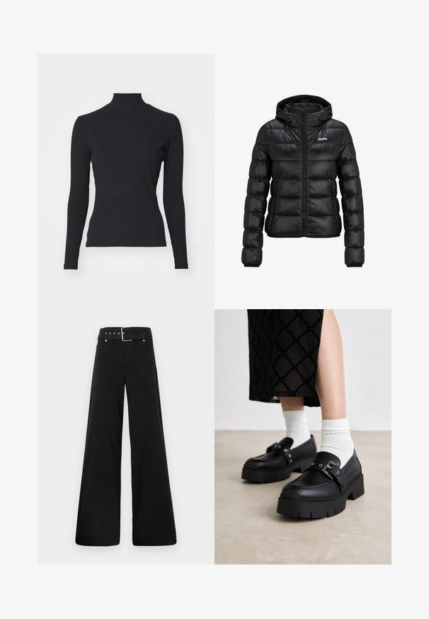 Giacca imbottita nera con chiusura a zip e cappuccio. Caratterizzata da un design trapuntato e dal logo "HUGO" sul petto. Realizzata in materiale lucido.; Maglia nera a coste con colletto alto e maniche lunghe. Realizzata in tessuto elasticizzato con una forma aderente e un colletto alto. Design semplice senza decorazioni.; T-shirt nera a maniche corte in cotone, con una grande grafica rettangolare blu che riporta la parola "HUGO" in lettere bianche in grassetto.; Pantaloni neri a gamba larga realizzati in cotone, con vita alta, ampie tasche laterali e vita con cintura arricchita da dettagli in metallo argentato.; Mocassini neri con plateau e finitura in pelle liscia, caratterizzati da un dettaglio con fibbia e borchie, abbinati a calzini bianchi a coste.