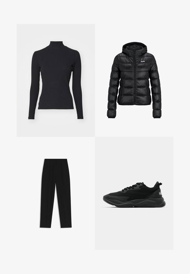 Schwarze gepolsterte Jacke mit einem Reißverschluss und Kapuze. Verfügt über ein gestepptes Design und das "HUGO"-Logo auf der Brust. Hergestellt aus glänzendem Material.; Schwarzes, geripptes Rollkragenoberteil mit langen Ärmeln. Aus dehnbarem Stoff mit figurbetonter Passform und hohem Kragen. Einfaches Design ohne Verzierungen.; Schwarze Hose mit geradem Schnitt, doppelten Falten, einer glatten Textur und einem klassischen Bunddesign. Keine sichtbaren Beschläge oder Akzente.; Schwarze Sport-Sneaker mit einer strukturierten Oberseite, Schnürverschluss, gepolsterter Sohle und einem markierten Akzent an der Ferse.