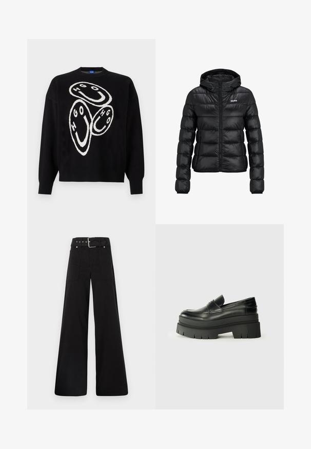 Schwarze gepolsterte Jacke mit einem Reißverschluss und Kapuze. Verfügt über ein gestepptes Design und das "HUGO"-Logo auf der Brust. Hergestellt aus glänzendem Material.; Schwarzer, gestrickter Pullover mit weißem grafischem Design, das aus kreisförmigen Formen und den Buchstaben "HGO" besteht. Gerippte Bündchen und Saum betonen die Struktur.; Schwarze weitgeschnittene Hose aus Baumwolle, mit hoher Taille, großen Seitentaschen und einem taillierten Bund mit silbernen Hardware-Akzenten.; Schwarze Lederloafer mit einer klobigen Plateausohle. Abgerundete Spitze, Nahtdetail auf der Vorderseite und dezente Nähte. Flache, strukturierte Außensohle.