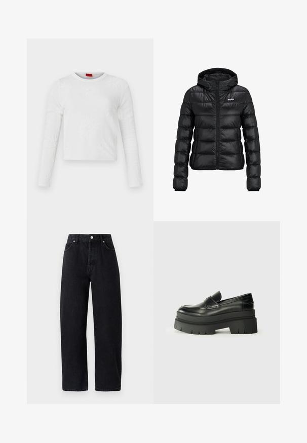 Svart polstret jakke med glidelås og hette. Har en quiltet design og "HUGO" logoen på brystet. Laget av skinnende materiale.; Hvit langermet strikket topp med blomsterstruktur, rund hals og cropped design. Har subtile hevede mønstre over hele stoffet.; Høyt liv, rette ben svart denim jeans med fem lommer, metallnitter og ton-i-ton søm. Glatt tekstur, minimalistisk design.; Svarte skinnloafers med en kraftig plattformsåle. Rund tå, fremre sømdetalj og subtile sømdetaljer. Flat, teksturert yttersåle.