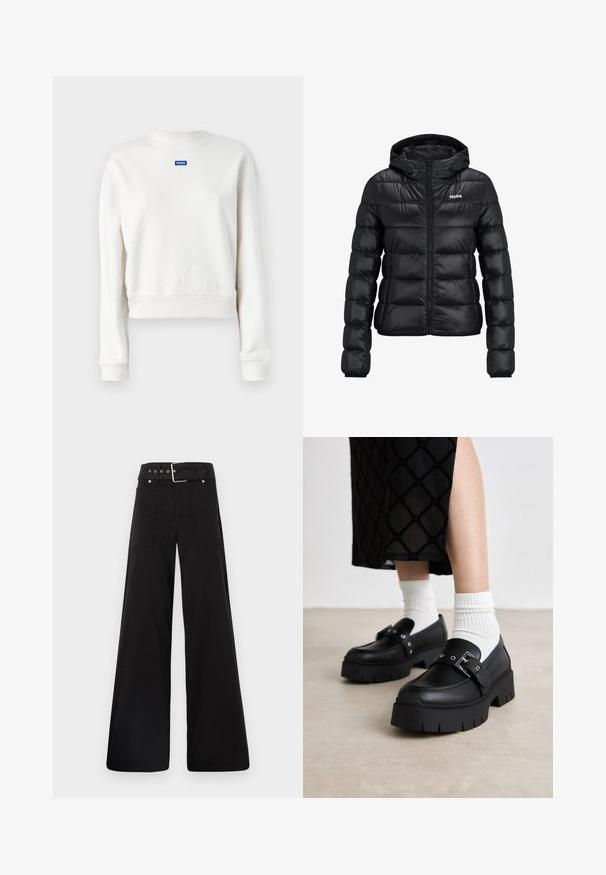 Fekete párnázott dzseki cipzárral és kapucnival. Tűzött mintázattal rendelkezik, és a "HUGO" logó a mellkason található. Fényt visszaverő anyagból készült.; Rövidített fehér pulóver, puha anyagból, bordás nyakkivágással és mandzsettákkal, kék "HUGO" logóval a mellkason.; Fekete pamut póló rövid felgöngyölt mangaszalaggal, kerek nyakkivágással és piros címkével. Sima textúra, megformált szabás minimális részletezéssel.; Fekete, bő szárú nadrág, pamutból készült, magas derékkal, nagy oldalsó zsebekkel és ezüst színű hardverelemekkel ellátott övvel.; Fekete platform lakkloaferek sima bőr felülettel, csattos részletekkel és tüskés díszítéssel, fehér bordázott zoknikkal párosítva.