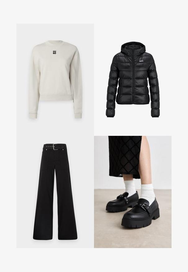 Giacca imbottita nera con chiusura a zip e cappuccio. Caratterizzata da un design trapuntato e dal logo "HUGO" sul petto. Realizzata in materiale lucido.; Felpa color crema con collo tondo, polsini e orlo a costine; presenta un logo nero "HUGO" centrato sulla parte anteriore.; T-shirt in cotone nero con maniche corte arrotolate, scollatura rotonda e etichetta rossa. Texture liscia, forma aderente con dettagli minimi.; Pantaloni neri a gamba larga realizzati in cotone, con vita alta, ampie tasche laterali e vita con cintura arricchita da dettagli in metallo argentato.; Mocassini neri con plateau e finitura in pelle liscia, caratterizzati da un dettaglio con fibbia e borchie, abbinati a calzini bianchi a coste.