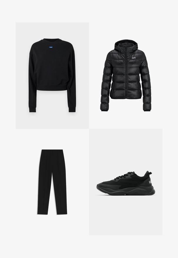 Zwarte gewatteerde jas met ritssluiting en capuchon. Kenmerkt zich door een doorgestikt ontwerp en het "HUGO"-logo op de borst. Gemaakt van glanzend materiaal.; Zwarte cropped sweatshirt met lange mouwen en geribbelde manchetten; beschikt over een blauw rechthoekig logolabel aan de voorkant bij de halslijn.; Zwarte broeken met een rechte pasvorm, voorzien van dubbele plooien, een zachte textuur en een klassiek taillebandontwerp. Geen zichtbare hardware of accenten.; Zwarte sportieve sneakers met een textuur bovenkant, vetersluiting, gevoerde zool en een merkaccent op de hiel.