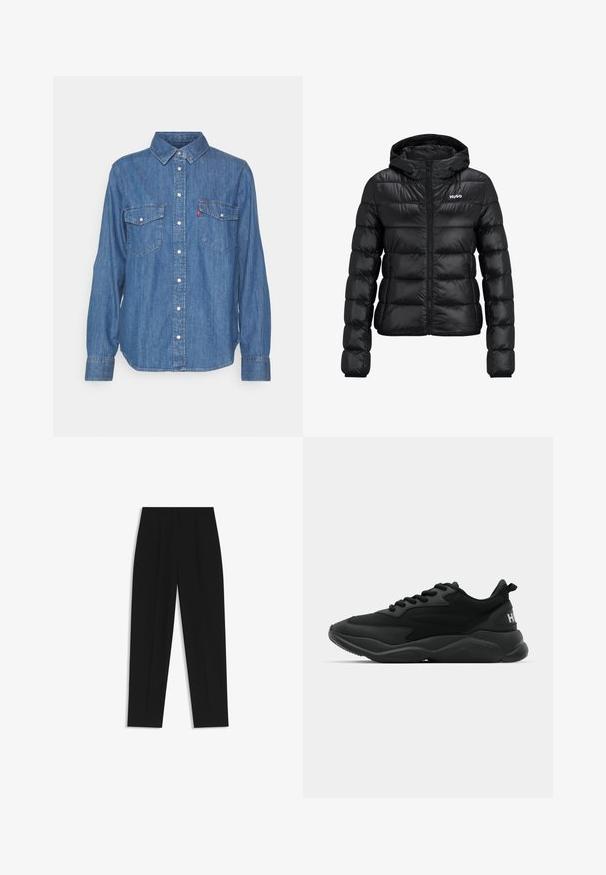 Svart vadderad jacka med dragkedja och huva. Har en quiltad design och "HUGO"-logotypen på bröstet. Tillverkad av glänsande material.; Blå denimskjorta med knappar, långärmad, två bröstfickor och krage. Har en Levi's-logotyp på vänster ficka.; Svart kortärmad t-shirt i mjuk bomull, med rund halsringning och en liten vit "HUGO"-logotyp på bröstet. Klassisk passform.; Svarta byxor med rak passform, med dubbla fickor, en slät yta och en klassisk midje-design. Ingen synlig hårdvara eller detaljer.; Svarta sportiga sneakers med en texturerad ovandel, snörning, vadderad sula och ett märkesackcent på hälen.