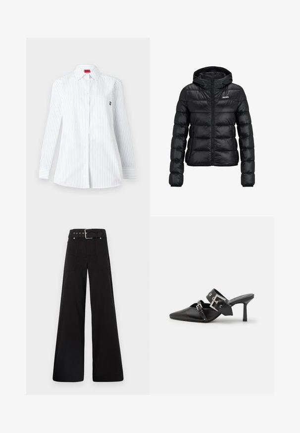 Giacca imbottita nera con chiusura a zip e cappuccio. Caratterizzata da un design trapuntato e dal logo "HUGO" sul petto. Realizzata in materiale lucido.; Camicetta bianca a maniche lunghe con righe verticali blu, colletto a punta, taschino anteriore e un piccolo logo ricamato sul petto.; Pantaloni neri a gamba larga realizzati in cotone, con vita alta, ampie tasche laterali e vita con cintura arricchita da dettagli in metallo argentato.; Mule nere con tacco alto e punta affilata, realizzate in pelle liscia. Presentano una larga cinghia alla caviglia con una fibbia quadrata argentata e borchie.