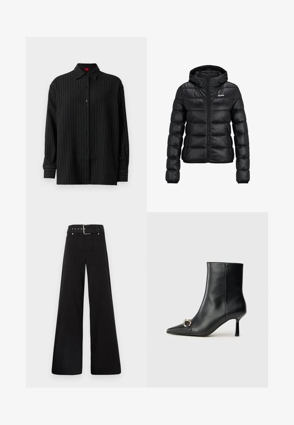 Fekete párnázott dzseki cipzárral és kapucnival. Tűzött mintázattal rendelkezik, és a "HUGO" logó a mellkason található. Fényt visszaverő anyagból készült.; Fekete hosszú ujjú ing, vékony fehér függőleges csíkozással, klasszikus gallérral és gombos mandzsettákkal.; Fekete, bő szárú nadrág, pamutból készült, magas derékkal, nagy oldalsó zsebekkel és ezüst színű hardverelemekkel ellátott övvel.; Fekete bőr bokacsizma hegyes orral, vékony közép magasságú sarokkal és ezüst csattal az oldalon, sima háttér előtt.