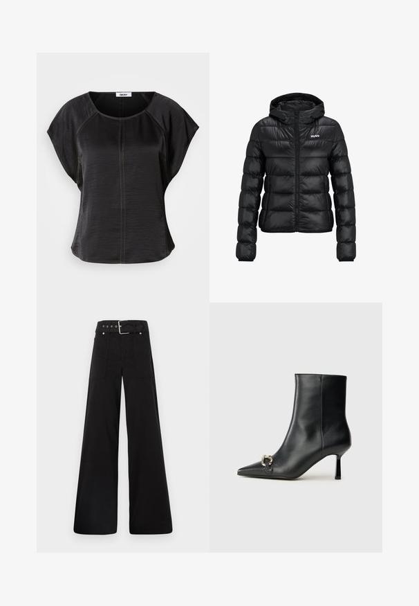 Melnā polsterētā jaka ar rāvējslēdzēju un kapuci. Iezīme ir kvalificēts dizains un "HUGO" logo uz krūškurvja. Izgatavota no spīdīga materiāla.; Melnas īsām piedurknēm topiņš ar brīvu piegriezumu, ar apaļa dekoltē un kontrastējošām brūnganām šuvēm priekšpusē un gar šuvēm.; Melna platā kāju bikses, izgatavotas no kokvilnas, ar augstu jostasvietu, lieliem sānu kabatām un jostu ar sudraba detaļām.; Melnā ādas potīšu zābaku ar smailu purngalu, šauru vidēja augstuma papēdi un sudraba sprādzi sānos uz vienkrāsaina fona.