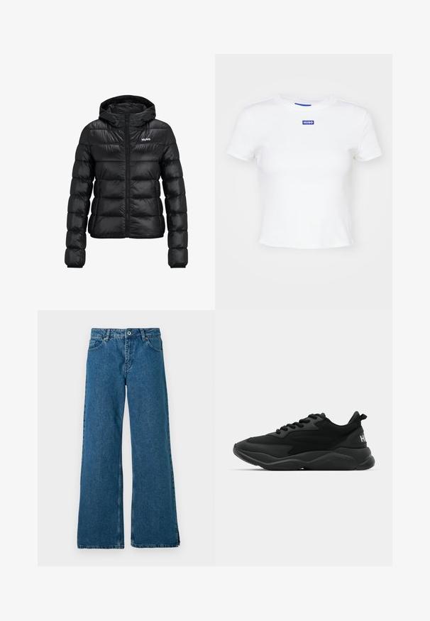 Crna podstavljena jakna s patentnim zatvaračem i kapuljačom. Ima kvadratni dizajn i "HUGO" logo na prsima. Izrađena od sjajnog materijala.; Bijela pamučna majica s kratkim rukavima, okruglim izrezom i plavim pravokutnim logotipom s natpisom "HUGO" na središnjem dijelu prednje strane.; široke plave traperice s klasičnim dizajnom od pet džepova, s prednjim gumbom i zatvaračem na zip, te diskretnom izblijedjelom teksturom.; Crne atletske tenisice s teksturiranom gornjom stranom, vezanjem na vezice, udobnim potplatom i brendiranim akcentom na peti.