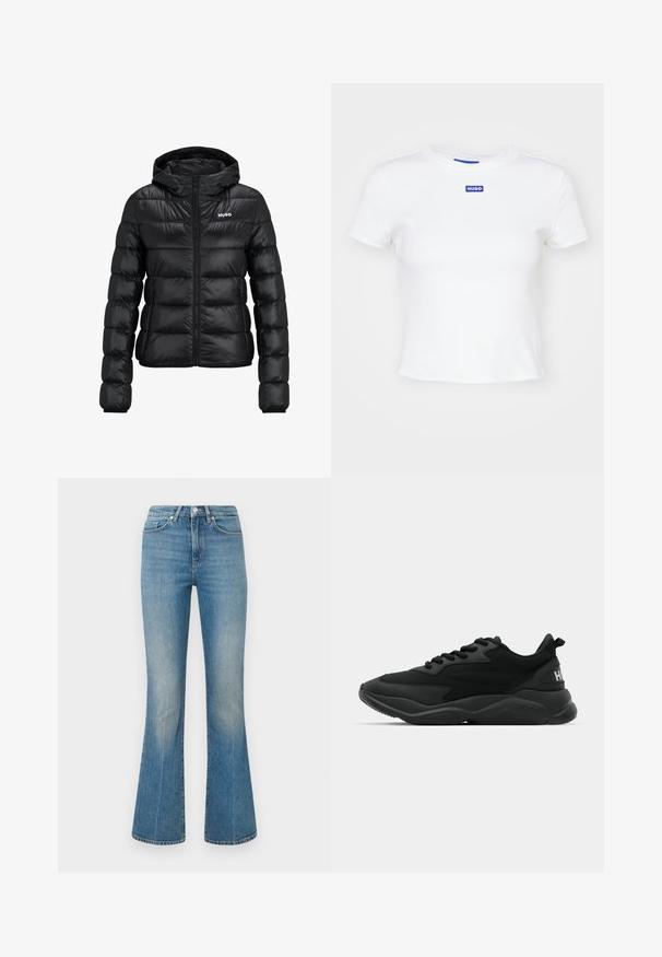Veste rembourrée noire avec fermeture éclair et capuche. Présente un design matelassé et le logo "HUGO" sur la poitrine. Fabriquée en matériau brillant.; T-shirt en coton blanc à manches courtes, col rond, avec un patch logo rectangulaire bleu portant l'inscription "HUGO" au centre avant.; Jean évasé bleu clair en denim. Il présente une taille avec un bouton et un délavage, se rétrécissant vers un large ourlet au niveau de la cheville.; Baskets de sport noires avec un supérieur texturé, un système de laçage, une semelle rembourrée et un accent de marque sur le talon.