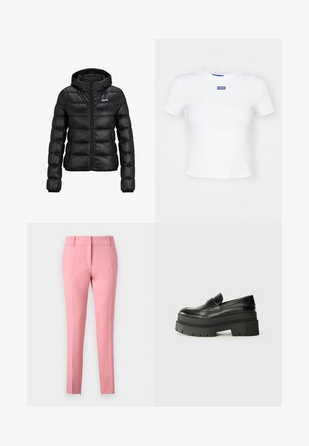 Must must jacket, milledega lukuga ja kapuutsiga. Omab tikanditud disaini ja "HUGO" logo rinnal. Valmistatud läikivast materjalist.; Valge puuvillane T-särk lühikeste varrukatega, ümmarguse kaelusega ning esiküljel sinine ristkülikuline logopatch, millel on kirjas "HUGO".; Roosa kohandatud püksid, millel on sile tekstuur, sirged säärte ja tõmbluku detail allservas. Omab vöökumme ja tasast eesmist disaini.; Mustad mustrennistest nahast mokad, millel on paks platvormi tald. Ümar varvas, eesmine õmblusdetail ja peened õmblemisaktsendid. Lame, tekstureeritud välistald.