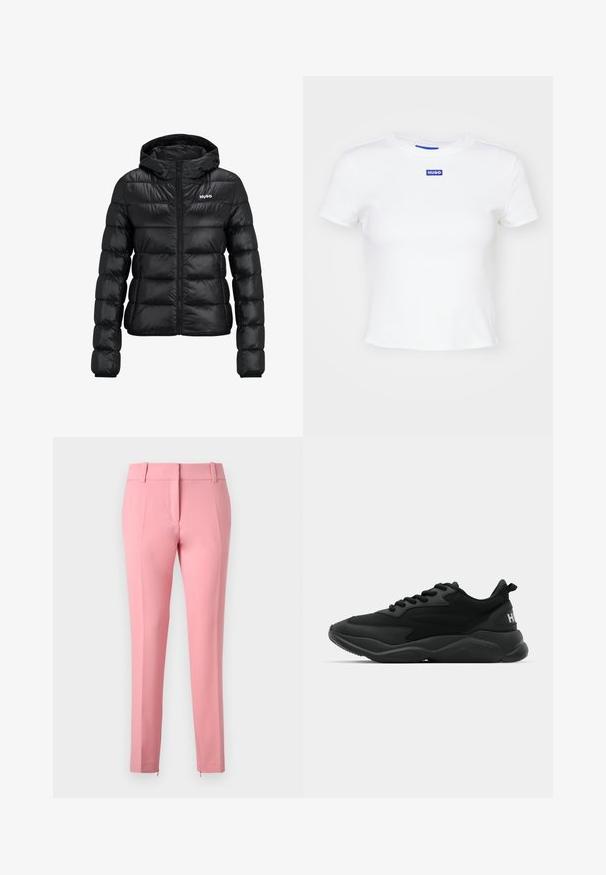 Casaco preto acolchoado com fecho de correr e capuz. Apresenta um design acolchoado e o logo "HUGO" no peito. Feito de material brilhante.; T-shirt branca de algodão com mangas curtas, decote redondo e um retângulo azul com o logo "HUGO" no centro da frente.; Calças sob medida cor-de-rosa com uma textura suave, pernas retas e um detalhe com fecho na barra. Apresenta passantes para cinto e um design de frente lisa.; Sapatilhas atléticas pretas com um upper texturizado, fecho de atacadores, sola almofadada e um detalhe de marca no calcanhar.