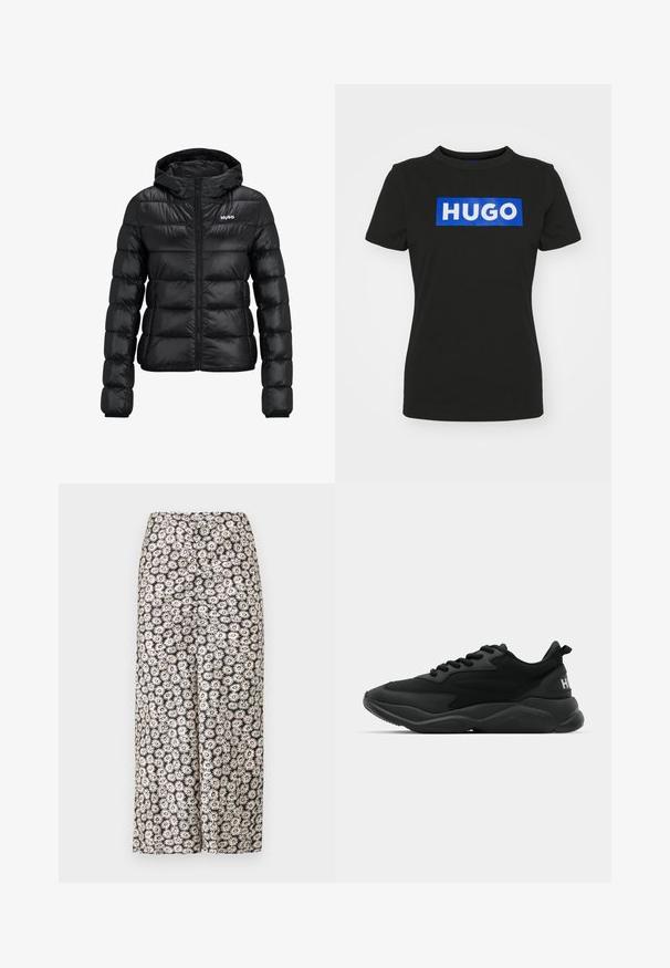 Veste rembourrée noire avec fermeture éclair et capuche. Présente un design matelassé et le logo "HUGO" sur la poitrine. Fabriquée en matériau brillant.; T-shirt noir à manches courtes en coton, avec un grand graphique rectangulaire bleu comportant le mot "HUGO" en lettres blanches épaisses.; Pantalons larges floraux avec un fond noir orné de marguerites blanches et d'accents rouges, fabriqués en tissu léger avec une texture lisse.; Baskets de sport noires avec un supérieur texturé, un système de laçage, une semelle rembourrée et un accent de marque sur le talon.