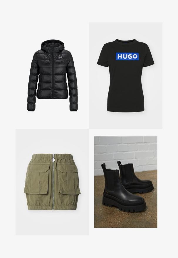 Veste rembourrée noire avec fermeture éclair et capuche. Présente un design matelassé et le logo "HUGO" sur la poitrine. Fabriquée en matériau brillant.; T-shirt noir à manches courtes en coton, avec un grand graphique rectangulaire bleu comportant le mot "HUGO" en lettres blanches épaisses.; HUGO RAFINI - Minijupe - open green; Bottines en cuir noir avec des panneaux élastiques sur les côtés, semelles épaisses en plateforme noire et détails de couture, dotées d'une languette au dos pour un enfilage facile.