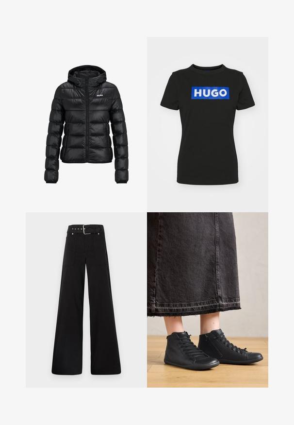 Jachetă neagră căptușită cu fermoar și glugă. Prezentând un design matlasat și logo-ul "HUGO" pe piept. Fabricată din material lucios.; Tricou negru cu mânecă scurtă, confecționat din bumbac, având un grafic rectangular mare de culoare albastră cu cuvântul "HUGO" scris cu litere albe, îndrăznețe.; Pantaloni negri cu croială largă, confecționați din bumbac, cu talie înaltă, buzunare laterale mari și talie prevăzută cu brâu cu accente din metal argintiu.; Pantofi înalți din piele neagră, cu o textură netedă, având șireturi și un fermoar lateral. Purtați cu o fustă lungă din denim negru.