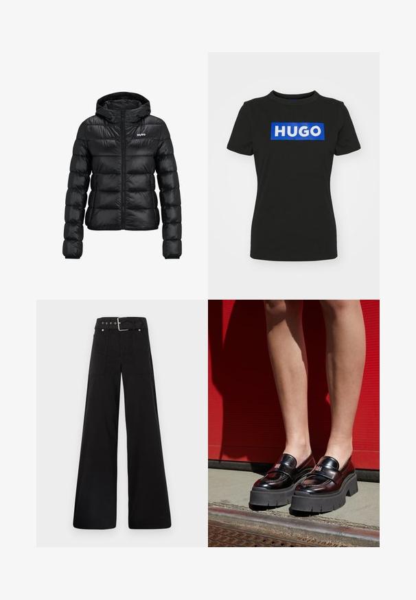 Svart polstret jakke med glidelås og hette. Har en quiltet design og "HUGO" logoen på brystet. Laget av skinnende materiale.; Svart kortermet t-skjorte laget av bomull, med en stor blå rektangulær grafikk med ordet "HUGO" i hvite fete bokstaver.; Sorte vidde bukser laget av bomull, med høy midje, store sidelommer og belte med sølv detaljer.; HUGO KRIS LOAFER - Slippers - black