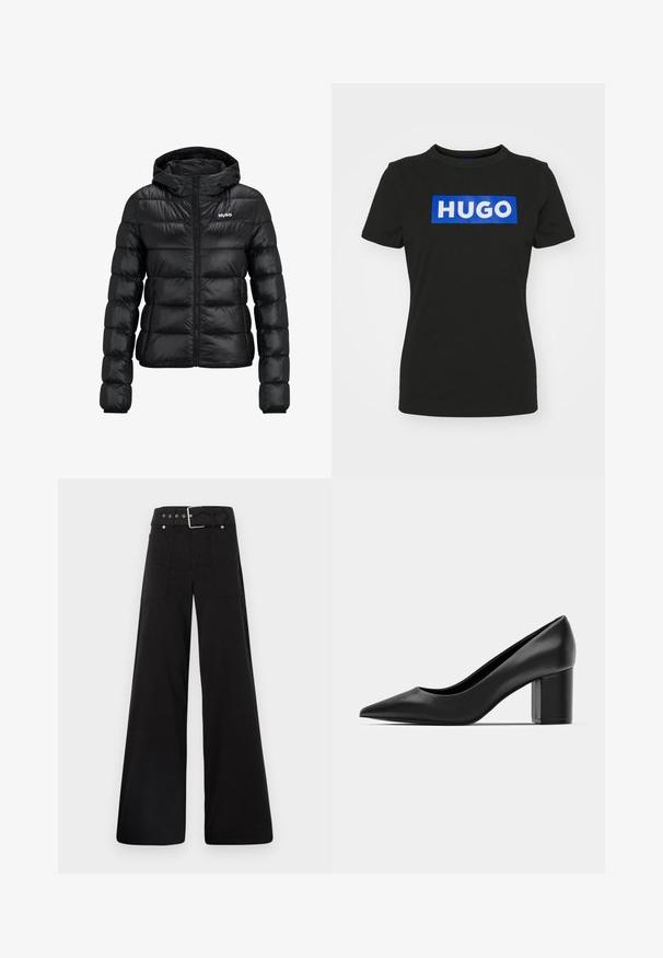 Jachetă neagră căptușită cu fermoar și glugă. Prezentând un design matlasat și logo-ul "HUGO" pe piept. Fabricată din material lucios.; Tricou negru cu mânecă scurtă, confecționat din bumbac, având un grafic rectangular mare de culoare albastră cu cuvântul "HUGO" scris cu litere albe, îndrăznețe.; Pantaloni negri cu croială largă, confecționați din bumbac, cu talie înaltă, buzunare laterale mari și talie prevăzută cu brâu cu accente din metal argintiu.; Cizmă din piele neagră, cu vârf ascuțit și toc pătrat masiv. Textură netedă, design simplu, potrivit pentru setări formale.