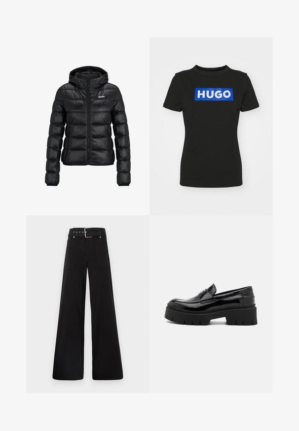 Μαύρο τζάκετ με επένδυση και κλείσιμο με φερμουάρ και κουκούλα. Διαθέτει ανάγλυφο σχέδιο και το λογότυπο "HUGO" στο στήθος. Κατασκευασμένο από γυαλιστερό υλικό.; Μαύρο κοντομάνικο μπλουζάκι από βαμβάκι, με μεγάλη μπλε ορθογώνια εκτύπωση που αναγράφει τη λέξη "HUGO" με λευκά έντονα γράμματα.; Μαύρο παντελόνι με φαρδιά ποδιά φτιαγμένο από βαμβάκι, με ψηλή μέση, μεγάλες πλαϊνές τσέπες και ζώνη με μεταλλικά αξεσουάρ σε ασημί απόχρωση.; Μαύρες λουστρινένιες loafers με χοντρή ελαστική σόλα, διαθέτοντας λείο επάνω μέρος και διακοσμητική ζώνη. Ισιωμένη φτέρνα και στρογγυλή μύτη.