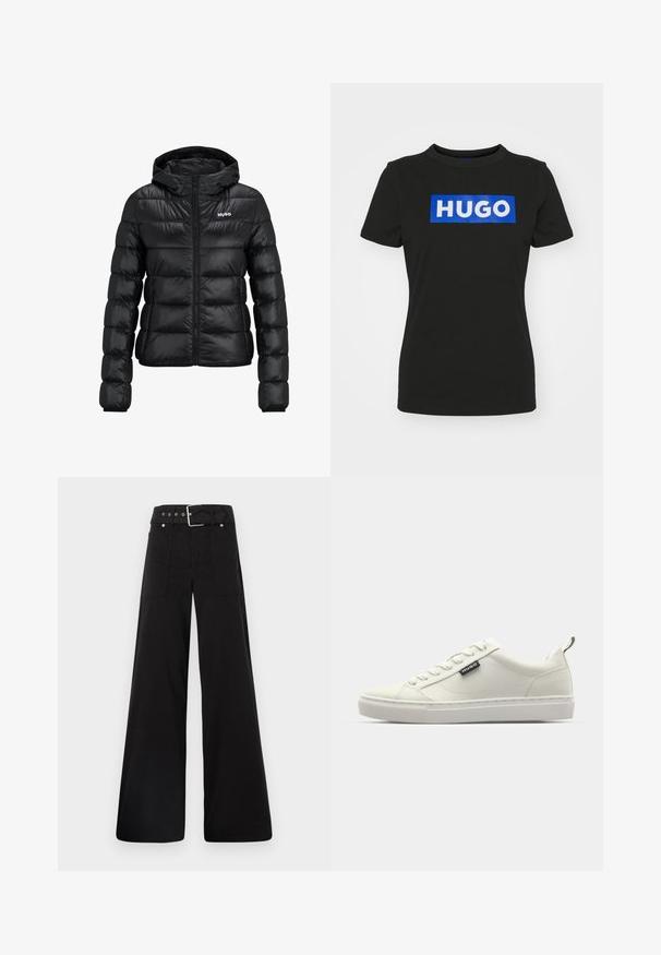 Čierna vypchatá bunda so zapínaním na zips a kapucňou. Obsahuje prešívaný dizajn a logo "HUGO" na hrudi. Vyrobené z lesklého materiálu.; Čierne tričko s krátkymi rukávmi vyrobené z bavlny, s veľkým modrým obdĺžnikovým grafickým motívom a slovom "HUGO" v bielych tučných písmenách.; Čierne nohavice so širokými nohavicami vyrobené z bavlny, s vysokým pásom, veľkými bočnými vreckami a opaskom s prackou so striebornými detailmi.; Biele tenisky vyrobené z syntetického materiálu, s hladkým povrchom, šnurovacími detailmi, zaoblenou špičkou a označením značky na boku.