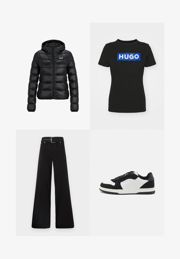 Svart polstret jakke med glidelås og hette. Har en quiltet design og "HUGO" logoen på brystet. Laget av skinnende materiale.; Svart kortermet t-skjorte laget av bomull, med en stor blå rektangulær grafikk med ordet "HUGO" i hvite fete bokstaver.; Sorte vidde bukser laget av bomull, med høy midje, store sidelommer og belte med sølv detaljer.; Svarte og hvite joggesko med en teksturert semsket skinn-overdel, glatte lærdetaljer, rund tå og en gummisåle med mønster.