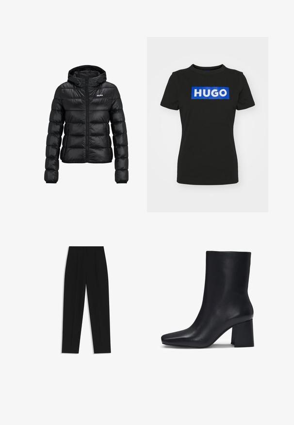 Black padded jacket with a zip closure and hood. Features a quilted design and the "HUGO" logo on the chest. Made from shiny material.; Black short-sleeve t-shirt made of cotton, featuring a large blue rectangular graphic with the word "HUGO" in white bold letters.; Black trousers with a straight fit, featuring double pleats, a smooth texture, and a classic waistband design. No visible hardware or accents.; HUGO ARIEL NAPU - Classic ankle boots - black