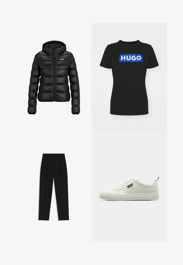 Schwarze gepolsterte Jacke mit einem Reißverschluss und Kapuze. Verfügt über ein gestepptes Design und das "HUGO"-Logo auf der Brust. Hergestellt aus glänzendem Material.; Schwarzes T-Shirt mit kurzen Ärmeln aus Baumwolle, das ein großes blaues rechteckiges Grafikdesign mit dem Wort "HUGO" in weißen Fettdruckbuchstaben zeigt.; Schwarze Hose mit geradem Schnitt, doppelten Falten, einer glatten Textur und einem klassischen Bunddesign. Keine sichtbaren Beschläge oder Akzente.; Weiße Sneaker aus synthetischem Material, mit glatter Oberfläche, Schnürdesign, runder Zehenpartie und einem Markenlabel an der Seite.