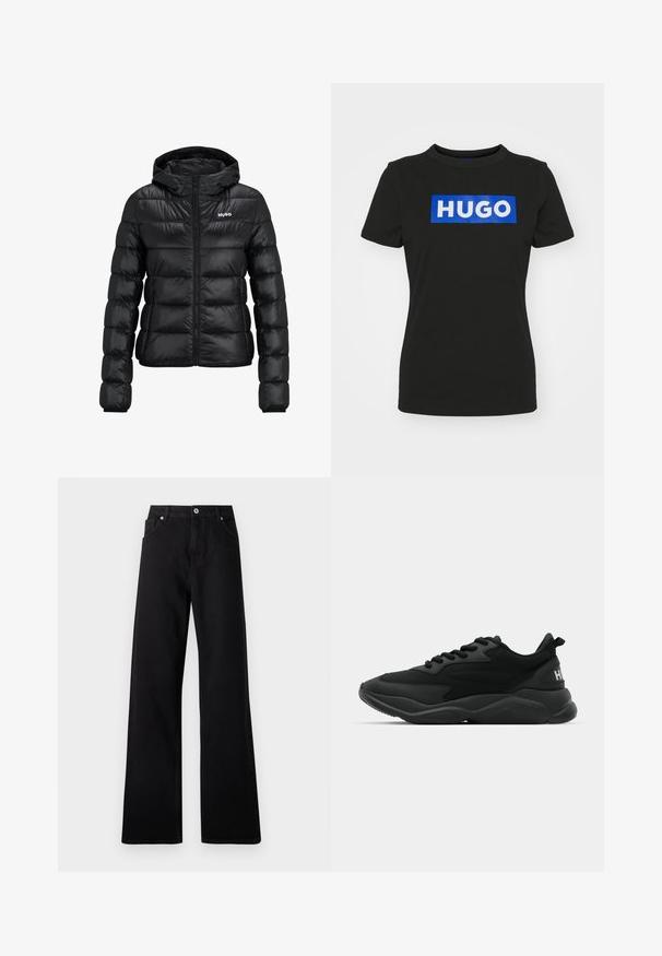 Must must jacket, milledega lukuga ja kapuutsiga. Omab tikanditud disaini ja "HUGO" logo rinnal. Valmistatud läikivast materjalist.; Musta lühikeste varrukatega T-särk, mis on valmistatud puuvillast ja millel on suur sinine ristkülikukujuline graafika, kus on sõna "HUGO" valgete paksude tähtedega.; Mustad laiade jaladega teksapüksid, viie taskuga disain, ees nupuga sulgemine ja peened õmblusdetailid.; Mustad mustat spordijalatsid tekstureeritud ülemise osaga, süsteemse paelaga, pehmendatud tallaga ja bränditud aktsendiga kanna piirkonnas.
