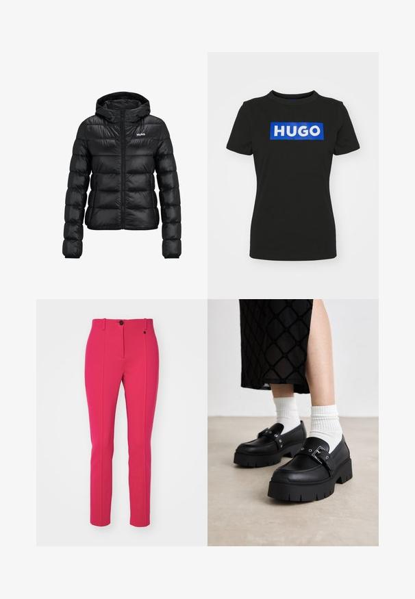 Czarna pikowana kurtka z zamkiem błyskawicznym i kapturem. Posiada wzór pikowania oraz logo "HUGO" na klatce piersiowej. Wykonana z błyszczącego materiału.; Czarna koszulka z krótkim rękawem wykonana z bawełny, z dużą niebieską graficzną prostokątną grafiką z napisem "HUGO" w białych, pogrubionych literach.; Dopasowane różowe spodnie wykonane z gładkiego materiału, z centralnym zagięciem, zapięciem na guzik i szlufkami na pasek.; Czarne platformowe loafersy o gładkim wykończeniu ze skóry, z detalem klamry i ćwiekami, zestawione z białymi prążkowanymi skarpetkami.