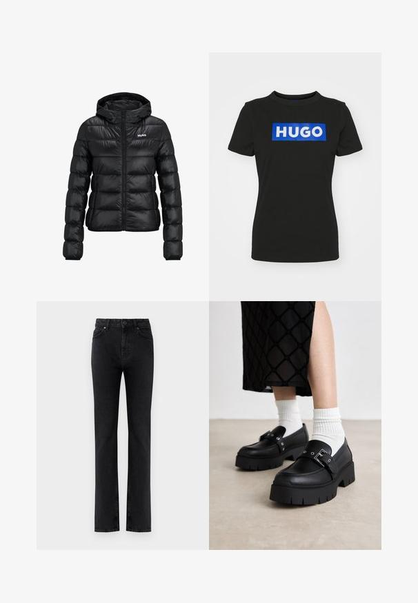 Crna podstavljena jakna s patentnim zatvaračem i kapuljačom. Ima kvadratni dizajn i "HUGO" logo na prsima. Izrađena od sjajnog materijala.; Crna majica kratkih rukava od pamuka, s velikim plavim pravokutnim grafičkim prikazom na kojem je riječ "HUGO" ispisana bijelim podebljanim slovima.; Crne traperice visokog struka ravnog kroja s prednjim džepovima, petljama za remen, kopčanjem na gumbe i zatvaračem, na bijeloj pozadini.; Crne platforme s ravnim ulošcima od gladne kože, s detaljem kopče i zakovicama, uparene s bijelim rebrastim čarapama.