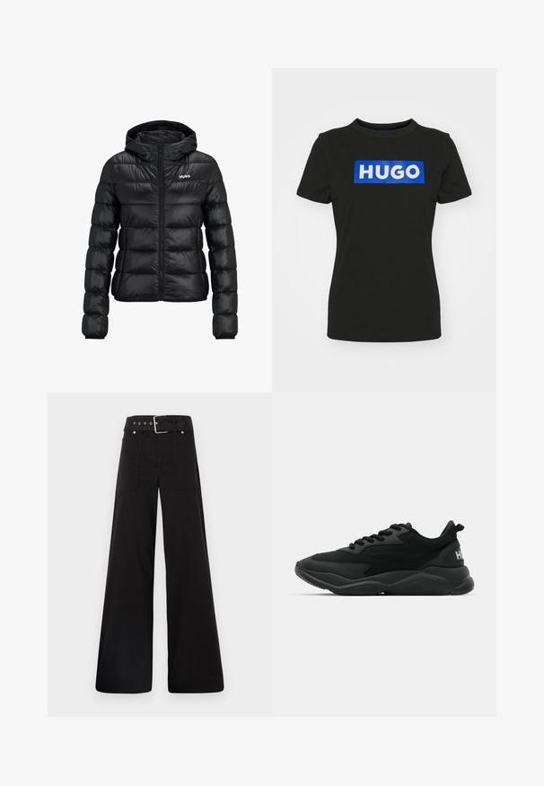 Čierna vypchatá bunda so zapínaním na zips a kapucňou. Obsahuje prešívaný dizajn a logo "HUGO" na hrudi. Vyrobené z lesklého materiálu.; Čierne tričko s krátkymi rukávmi vyrobené z bavlny, s veľkým modrým obdĺžnikovým grafickým motívom a slovom "HUGO" v bielych tučných písmenách.; Čierne nohavice so širokými nohavicami vyrobené z bavlny, s vysokým pásom, veľkými bočnými vreckami a opaskom s prackou so striebornými detailmi.; Čierne atletické tenisky s textúrovaným zvrškom, šnurovaním, polstrovanou podrážkou a značkovým detailom na päte.
