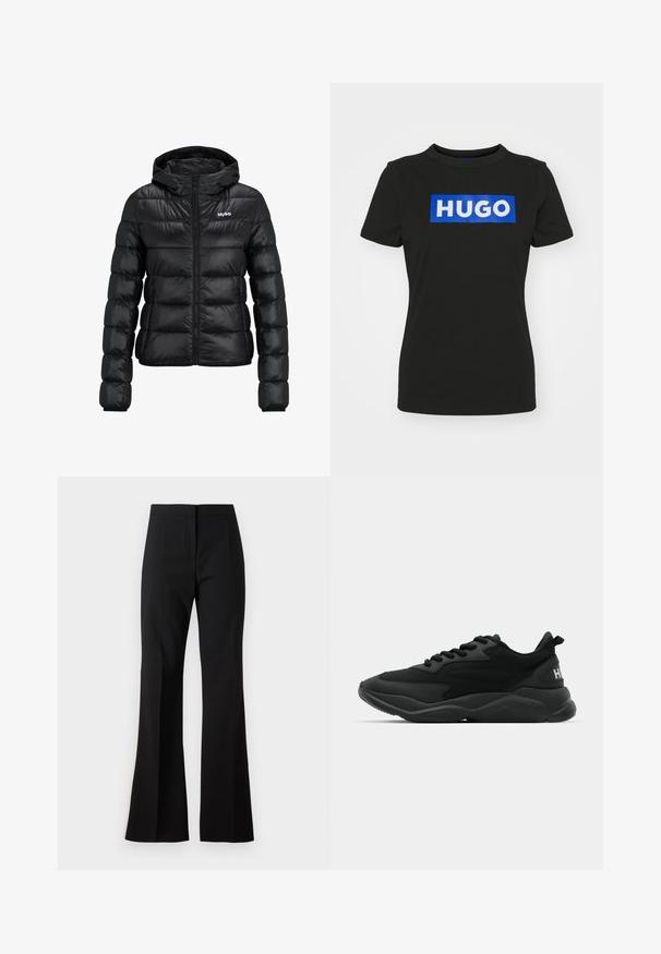 Zwarte gewatteerde jas met ritssluiting en capuchon. Kenmerkt zich door een doorgestikt ontwerp en het "HUGO"-logo op de borst. Gemaakt van glanzend materiaal.; Zwarte t-shirt met korte mouwen van katoen, met een grote blauwe rechthoekige grafiek waarop het woord "HUGO" in witte vette letters staat.; Zwarte flared broeken gemaakt van gladde stof, met een platte voorkant en strakke lijnen. De taille is ontworpen voor een getailleerde silhouet zonder versieringen.; Zwarte sportieve sneakers met een textuur bovenkant, vetersluiting, gevoerde zool en een merkaccent op de hiel.
