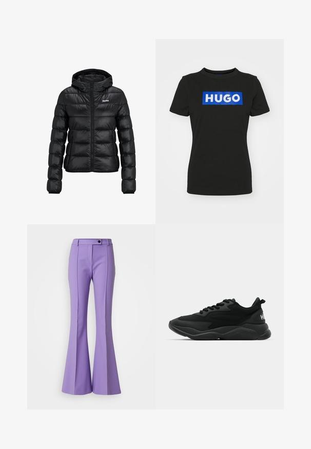 Veste rembourrée noire avec fermeture éclair et capuche. Présente un design matelassé et le logo "HUGO" sur la poitrine. Fabriquée en matériau brillant.; T-shirt noir à manches courtes en coton, avec un grand graphique rectangulaire bleu comportant le mot "HUGO" en lettres blanches épaisses.; HUGO Pantalon classique - open purple; Baskets de sport noires avec un supérieur texturé, un système de laçage, une semelle rembourrée et un accent de marque sur le talon.