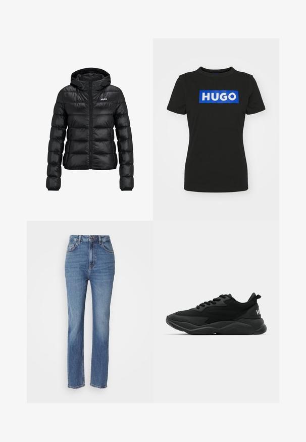 Čierna vypchatá bunda so zapínaním na zips a kapucňou. Obsahuje prešívaný dizajn a logo "HUGO" na hrudi. Vyrobené z lesklého materiálu.; Čierne tričko s krátkymi rukávmi vyrobené z bavlny, s veľkým modrým obdĺžnikovým grafickým motívom a slovom "HUGO" v bielych tučných písmenách.; Vysoké jeansy z modrej rifľoviny s rovnou nohavicou, s jemným vyblednutím, klasickým dizajnom piatich vreciek a gombíkovým zapínaním.; Čierne atletické tenisky s textúrovaným zvrškom, šnurovaním, polstrovanou podrážkou a značkovým detailom na päte.