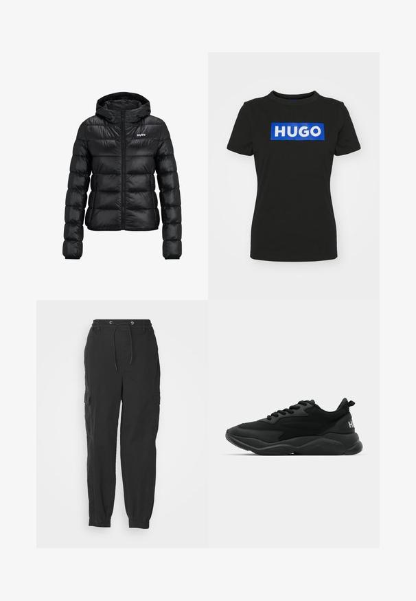 Schwarze gepolsterte Jacke mit einem Reißverschluss und Kapuze. Verfügt über ein gestepptes Design und das "HUGO"-Logo auf der Brust. Hergestellt aus glänzendem Material.; Schwarzes T-Shirt mit kurzen Ärmeln aus Baumwolle, das ein großes blaues rechteckiges Grafikdesign mit dem Wort "HUGO" in weißen Fettdruckbuchstaben zeigt.; Schwarze Cargo-Hosen mit elastischem Bund, Kordelzug und Seitentaschen; schmal zulaufende Beine mit umschlagenen Säumen. Hergestellt aus leichtem Stoff.; Schwarze Sport-Sneaker mit einer strukturierten Oberseite, Schnürverschluss, gepolsterter Sohle und einem markierten Akzent an der Ferse.