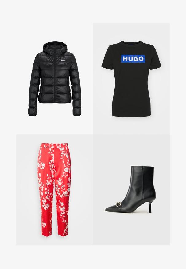 Zwarte gewatteerde jas met ritssluiting en capuchon. Kenmerkt zich door een doorgestikt ontwerp en het "HUGO"-logo op de borst. Gemaakt van glanzend materiaal.; Zwarte t-shirt met korte mouwen van katoen, met een grote blauwe rechthoekige grafiek waarop het woord "HUGO" in witte vette letters staat.; Rode broek gemaakt van gladde stof met een wit bloemenpatroon. Ze hebben een getailleerde pasvorm met een hoge taille en een cropped lengte.; Zwarte leren enkelboot met spitse neus, slanke middenhoge hak en zilveren gespdetail aan de zijkant op een effen achtergrond.
