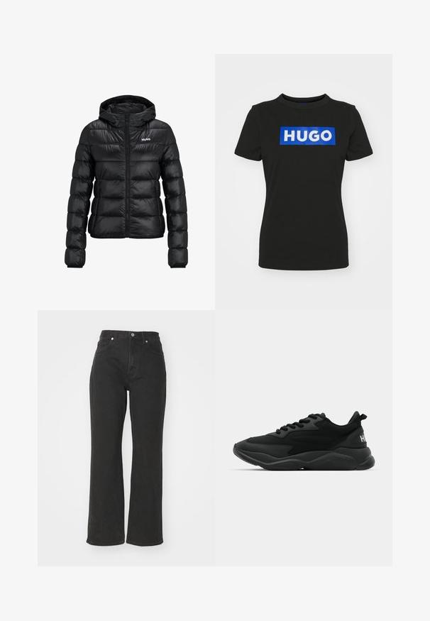Black padded jacket with a zip closure and hood. Features a quilted design and the "HUGO" logo on the chest. Made from shiny material.; Black short-sleeve t-shirt made of cotton, featuring a large blue rectangular graphic with the word "HUGO" in white bold letters.; Black wide-leg jeans made of denim, featuring a high waist, five pockets, and metal button closure with a classic stitched hem.; Black athletic sneakers featuring a textured upper, lace closure, cushioned sole, and a branded accent on the heel.