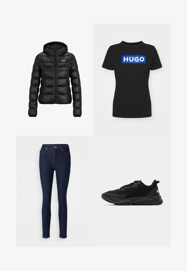 Casaco preto acolchoado com fecho de correr e capuz. Apresenta um design acolchoado e o logo "HUGO" no peito. Feito de material brilhante.; T-shirt preta de mangas curtas em algodão, com um grande gráfico retangular azul apresentando a palavra "HUGO" em letras brancas e em negrito.; Jeans de ganga azul escuro com um corte slim, apresentando uma cintura clássica, design de cinco bolsos e detalhes de costura subtis.; Sapatilhas atléticas pretas com um upper texturizado, fecho de atacadores, sola almofadada e um detalhe de marca no calcanhar.