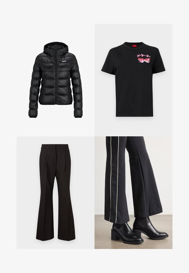 Fekete párnázott dzseki cipzárral és kapucnival. Tűzött mintázattal rendelkezik, és a "HUGO" logó a mellkason található. Fényt visszaverő anyagból készült.; Fekete pamut póló rövid ujjal, amelyen a bal mellrészen egy rózsaszín napszemüveg grafika és a "Not Your Girl" felirat látható.; Fekete, bővülő nadrág sima textúrával, magas derekú kialakítással, oldalsó zsebekkel és elülső plissékkel a tervezési részletek fokozásáért.; Fekete bőr bokacsizma, tömbsarkúval, oldalán rugalmasszal ellátott panelek találhatók. Fekete nadrággal párosítva, amelynek fehér oldalsávja van.