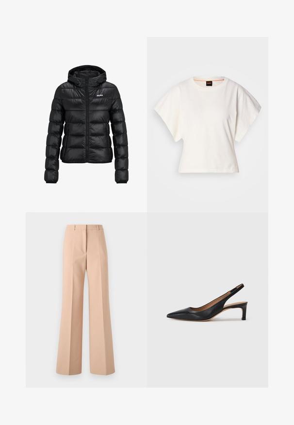 Black padded jacket with a zip closure and hood. Features a quilted design and the "HUGO" logo on the chest. Made from shiny material.; White cropped T-shirt, short wide sleeves, soft cotton material, round neckline with subtle orange trim, minimal design, no patterns or graphics.; Beige, high-waisted trousers with a wide-leg design. Made from smooth fabric, featuring front pleats and a clean waistband.; Black leather slingback pump with a pointed toe, low heel, and a smooth texture. Features a thin adjustable strap for a secure fit.