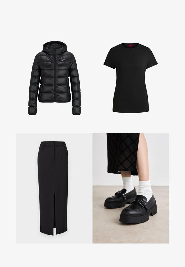 Svart polstret jakke med glidelås og hette. Har en quiltet design og "HUGO" logoen på brystet. Laget av skinnende materiale.; Svart bomulls-t-skjorte med korte, rullede ermer, rund halslinning og rød etikett. Glatt tekstur, tettsittende fasong med minimale detaljer.; Lang svart skjørt laget av myk stoff, med en frontsplitt, to sidelommer, strukturert midjebånd, og rett skjæring.; Svart plattform loafers med en glatt skinnfinish, med en spenne detalj og naglede akenter, sammen med hvite ribbede sokker.
