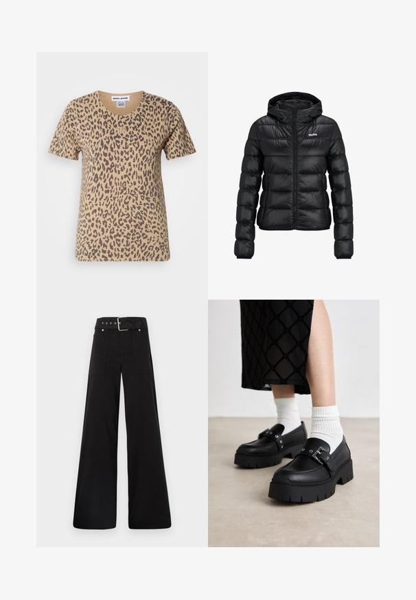 Melnā polsterētā jaka ar rāvējslēdzēju un kapuci. Iezīme ir kvalificēts dizains un "HUGO" logo uz krūškurvja. Izgatavota no spīdīga materiāla.; Īsām piedurkņu beisīgs T-krekls ar leopardu rakstu, ar apaļu kakla izgriezumu un nelielu zelta logo akcentu priekšpusē.; Melna platā kāju bikses, izgatavotas no kokvilnas, ar augstu jostasvietu, lieliem sānu kabatām un jostu ar sudraba detaļām.; Melnas platformas loafer kurpes ar gludu ādas apdari, ar sprādzes detaļu un uzliktu akcentiem, pārī ar baltām ribotām zeķēm.
